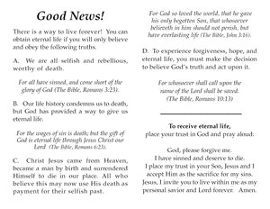 Good News! Full color Gospel tracts for 3 cents each.